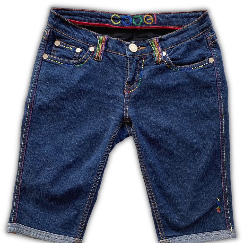 Coogi Women's Bermuda Denim Jean Short Pants Large Embroidered Logo Colorful 7/8